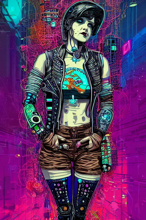 Prompt: dreamy cyberpunk girl with punky boots, abstract background, digital nodes, beautiful woman, detailed acrylic, grunge, intricate complexity, by dan mumford and by damien hirst