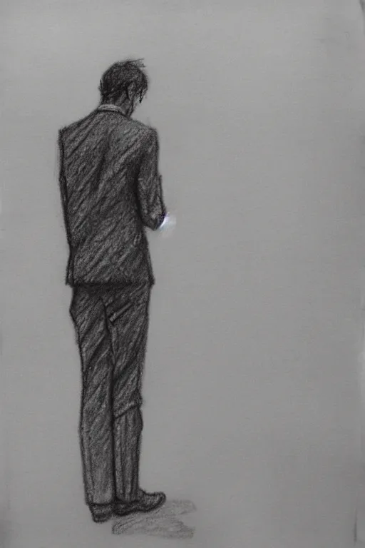 Image similar to a drawn man standing in the rain. pencil sketch.