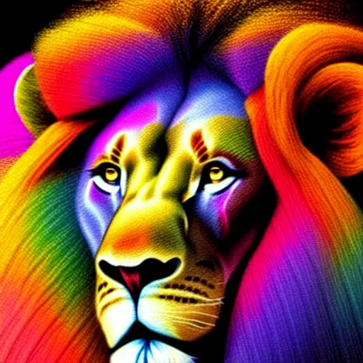 Image similar to lion made of rainbow sand, multicolor, colour in fringes, very colourful, volumetric light, cinematic, extremely detailed, cgi, trending on artstation, hyper realistic, hd wallpaper, sharp, michael whelan, ted nasmith