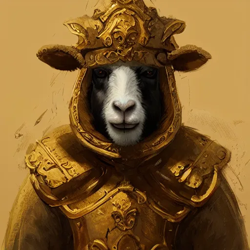 Image similar to old renesaince painting of a sheep face, royal guard suit from 1 7 th century, serious look, highly detailed, sheep face, portrait painting, artstation, concept art, greg rutkowski