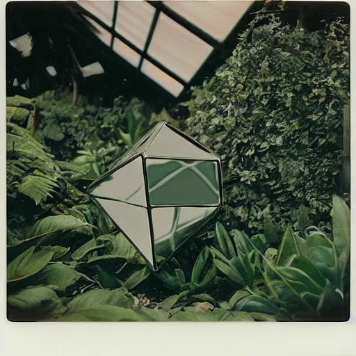 Image similar to grainy Polaroid film photograph of a highly reflective chrome octahedron in a tropical greenhouse. super resolution. surreal. Extremely detailed. Polaroid 600 film. by Annie Leibovitz and Richard Avedon