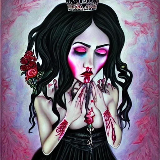 Image similar to a hyperrealistic painting of a beautiful gothic princess crying tears of blood, by Tara McPherson, vivid color, highly detailed,