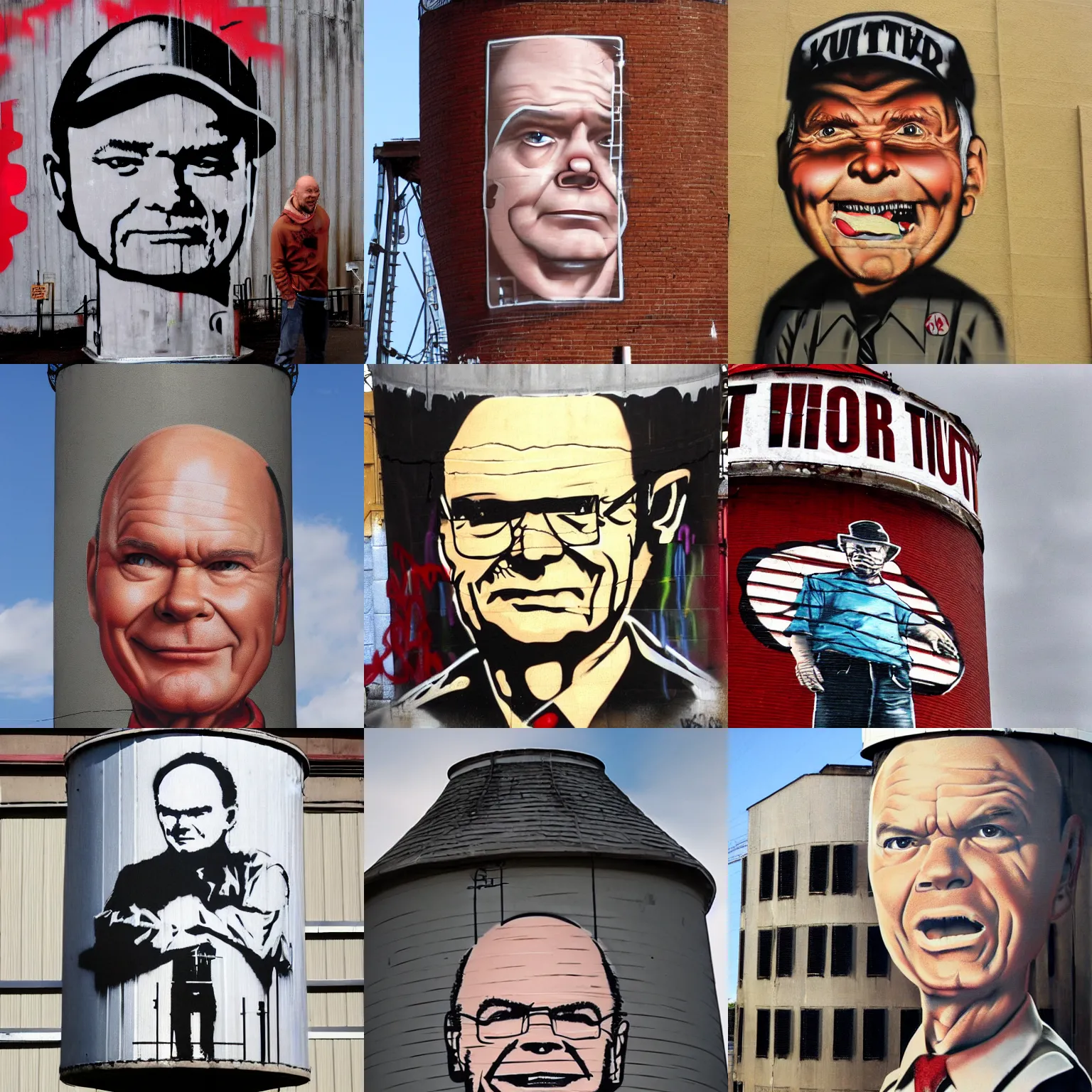 Prompt: Graffiti on a Water Tower, Kurtwood Smith as Red Forman, by Banksy, trending on Artstation