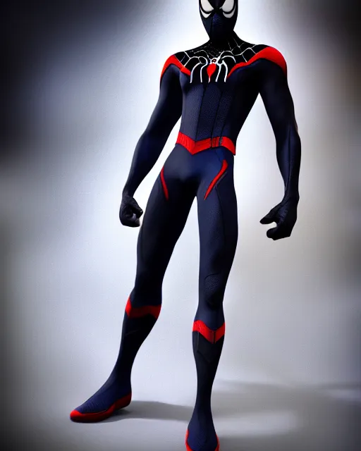 Image similar to photorealistic, hyperdetailed photograph of black spider - man suit with white webbing by insomniac games