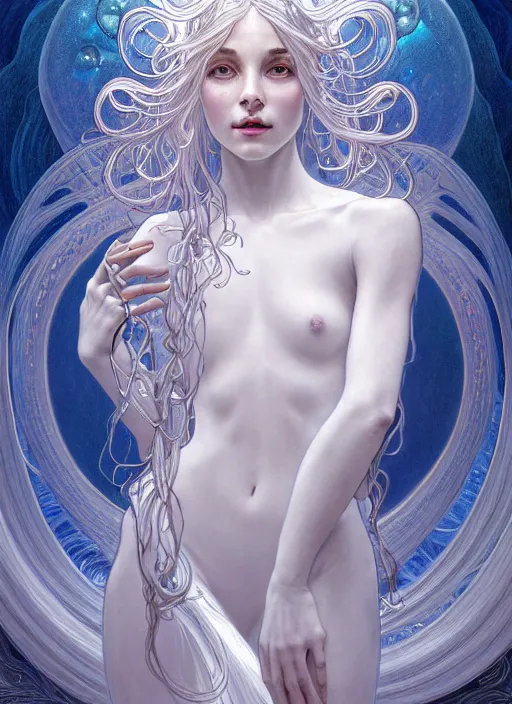 Image similar to a photographic portrait of a anthropomorphic bioluminescent water wave wearing white clothes, fantasy, intricate, elegant, highly detailed, digital painting, artstation, concept art, smooth, sharp focus, illustration, art by artgerm and h r giger and alphonse mucha