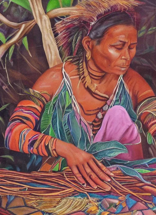 Image similar to a beautiful painting of an indigenous female doing crafting of a beautiful fabric in the jungle, realistic, ayahuasca