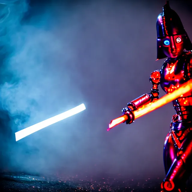 Image similar to robot woman hot fire dance holding katana, detailed pose, shibuya prefecture, cinematic lighting, fog mist smoke, photorealistic, night photography by tomino - sama