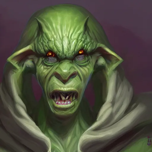 Prompt: Goblin Cleric with large expressive eyes and a scarf, hatched ear, green skin, highly detailed, by Luke Pearson, artgerm, digital illustration, concept art