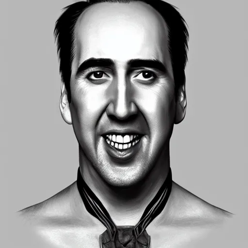 Prompt: Portrait of nicholas cage wearing a corset, confident, wide smile, full body, classic look, detailed features, artgerm, artstation, deviantart