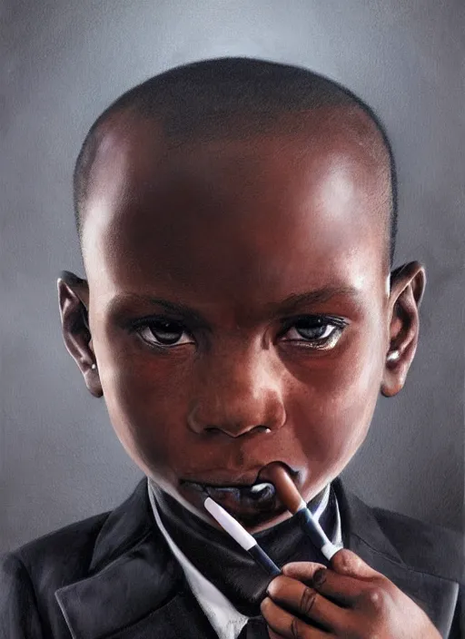 Prompt: portrait of a 7 year old child gang leader, dark gritty, wearing a suit, smoking, very detailed eyes, hyperrealistic, very detailed painting by Glenn Fabry, by Joao Ruas, by Artgerm