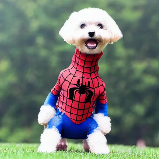 Image similar to dog wearing spiderman suit