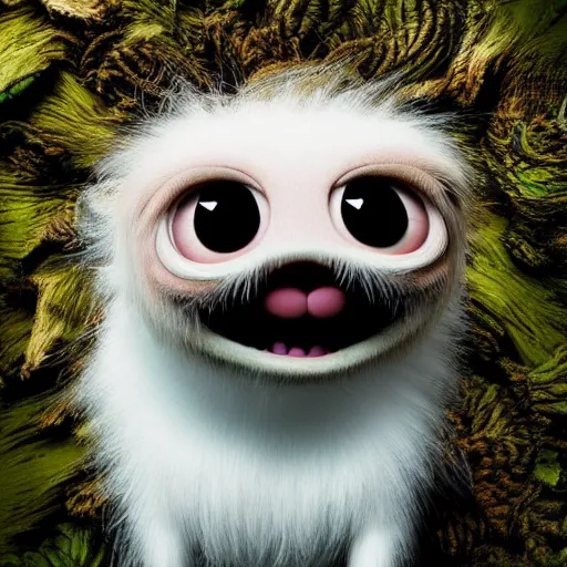 Image similar to a cute little monster with very long fur, portrait, pixar style, forest background, cinematic lighting, award winning creature portrait photography