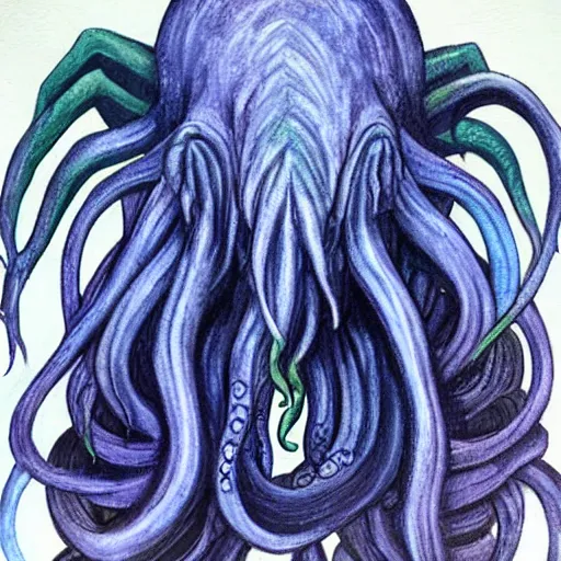 Image similar to cthulhu with indigo hair, realistic painting