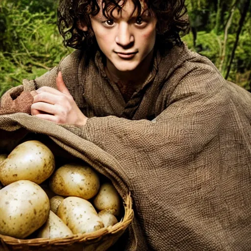 Prompt: frodo from lord of the rings in a burlap sack of overflowing with potatoes, photography, realistic, mid shot, in his hobbit home, cinematic lighting