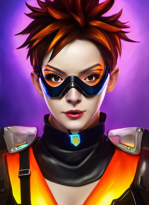 Prompt: overwatch style oil painting portrait of tracer overwatch, confident pose, wearing black iridescent rainbow latex, rainbow, neon, 4 k, expressive surprised expression, makeup, wearing black choker, wearing sleek armor, studio lighting, black leather harness, expressive detailed face and eyes,