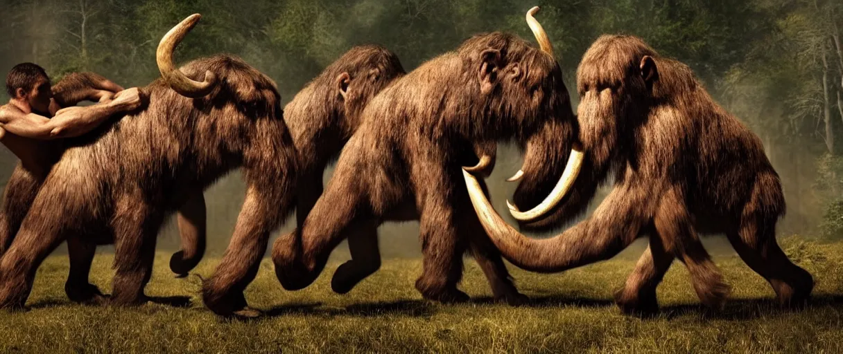 Prompt: made 1 5 0 neanderthal people fighting againts one mammoth, perfect dynamic posture, perfect dynamic environment, perfect dynamic body form, perfect dynamic pose, trending pinterest, perfect dynamic position, award winning photo by national geographic, and pulittzer winner, realistic, bokeh, reduce duplication interference