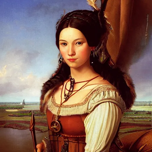 Prompt: portrait of a batavian woman ( 3 5 ) from dutch rhine delta ( that the romans called batavia ) in 2 5 0 a. d., an oil painting by ross tran and thomas kincade