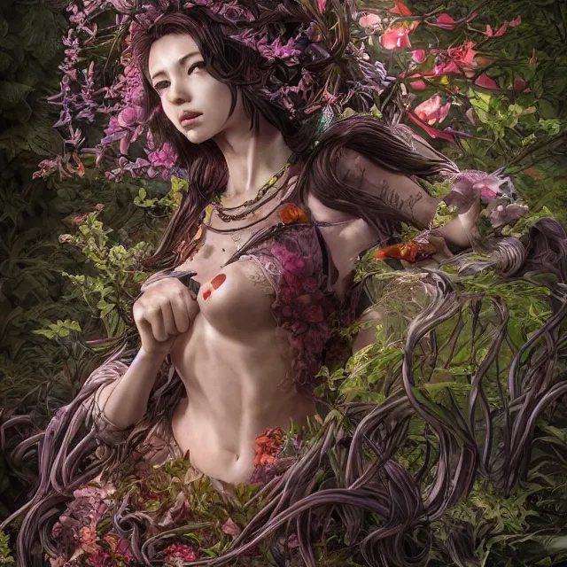 Image similar to the portrait of chaotic good female druid botanist as absurdly beautiful, gorgeous, elegant, young gravure idol, an ultrafine hyperdetailed illustration by kim jung gi, irakli nadar, intricate linework, sharp focus, bright colors, octopath traveler, final fantasy, unreal engine 5 highly rendered, global illumination, radiant light, detailed and intricate environment