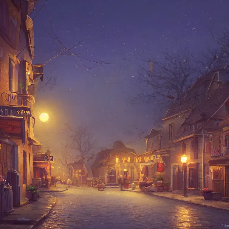 Prompt: town inspired by Evgeny Lushpin stores,cottages,streets,spring, midnight,full moon,cinematic,