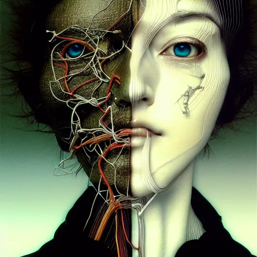 Image similar to prompt : hyperrealist photorealistic 3 d render of persona soft light portrait by takato yamamoto, cyborg parts and broken cables, anatomy atlas, inspired by fables, realistic face, smooth face feature, intricate oil painting, high detail, sharp high detail, manga and anime 2 0 0 0