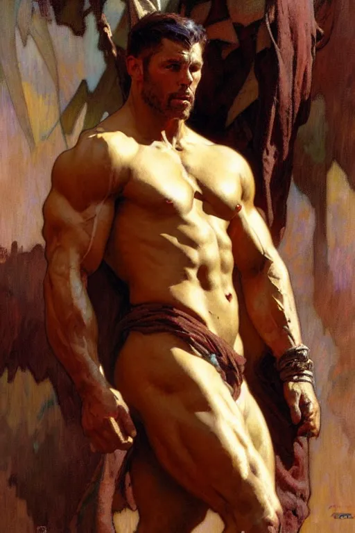 Prompt: muscular man, painting by gaston bussiere, craig mullins, greg rutkowski, alphonse mucha