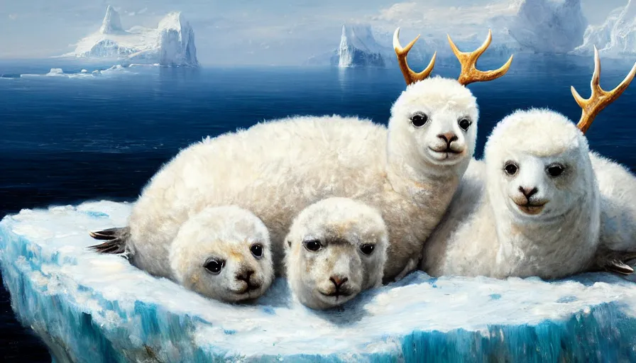 Image similar to highly detailed painting of cute furry white baby seal alpacas with big furry antlers cuddling into each other on a blue and white iceberg by william turner, by greg rutkowski, by william constable, thick brush strokes and visible paint layers, 4 k resolution