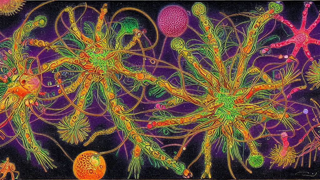Image similar to quantum connections represented as symbiotic organisms like cells playing around with colorful lights by ernst haeckel, shinny