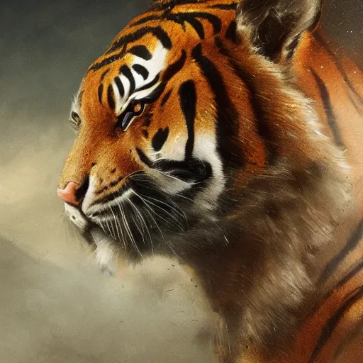 Prompt: a aesthetic award winning commission portrait of a fit anthro tiger wearing military uniform,digital art,art by greg rutkowski,art germ,charles bowater,trevor henderson,detailed beautfiul face,photorealistoc,hyperdetailed,dramatic,artstation,deviantart,professional lighting