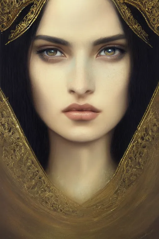 Prompt: Ameera al-Taweel, blue eyes, long wavy black hair, white veil, closeup, focus face, elegant, highly detailed, centered, oil painting, artstation, concept art by tom bagshaw