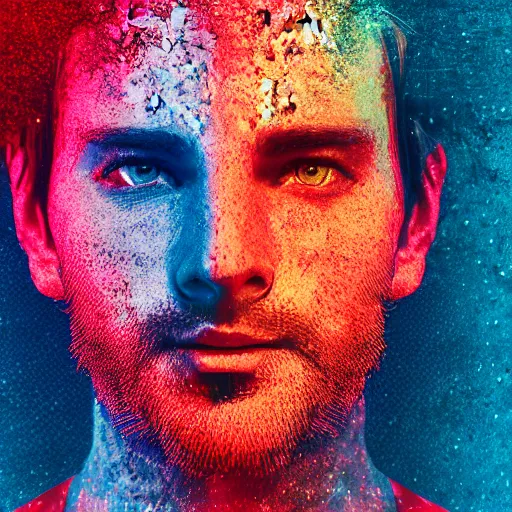 Prompt: psychedelic male portrait, caucasian, brown hair with red and blue highlights, in a cinematic wallpaper, glitch effects, dissolve effects, red blue highlights, hdr 8 k dop dof