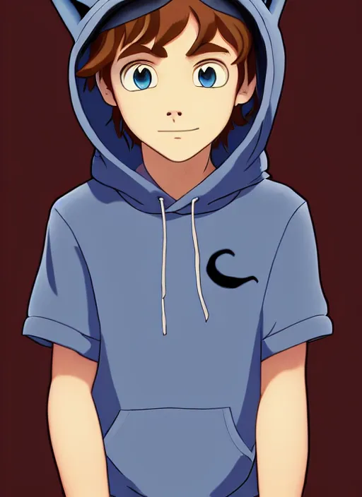 Image similar to teen boy with brown hair and big blue eyes, wearing a black hoodie with cat ears on top of it, natural lighting, path traced, highly detailed, high quality, cartoon, digital painting, by don bluth and ross tran and studio ghibli and alphonse mucha