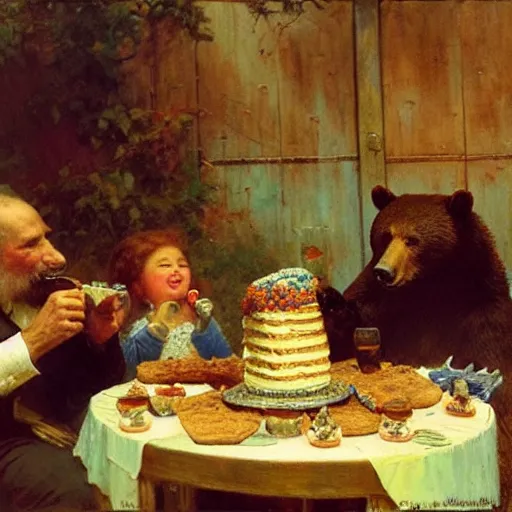 Image similar to a bear eating cake at his 7 0's birthday at a zoo, highly detailed painting by gaston bussiere, craig mullins, j. c. leyendecker