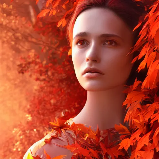 Image similar to a highly detailed digital image of a futuristic woman elegantly wrapped with fiery red leaves, by Andrea Chiampo, artstation and Frederik Heyman, extremely detailed woman, stunning volumetric lighting, hyper realism, fantasy 4k