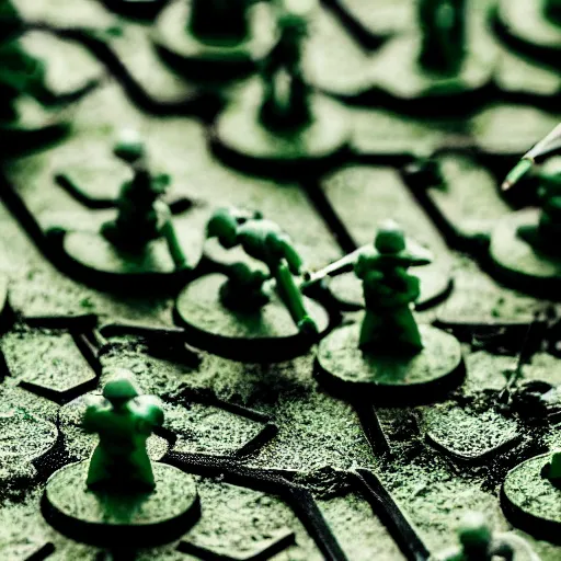 Image similar to 5 green plastic toy soldiers in set on fire . close up. DOF 100mm. F/1.8 45 45 degrees angle