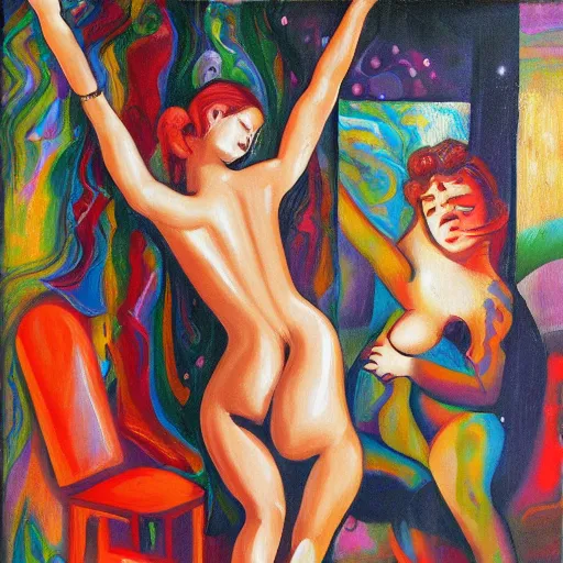 Prompt: social encounters depictions of the scene and free love hangs - al fresco postmodern painting sensuous abstracted highly detailed
