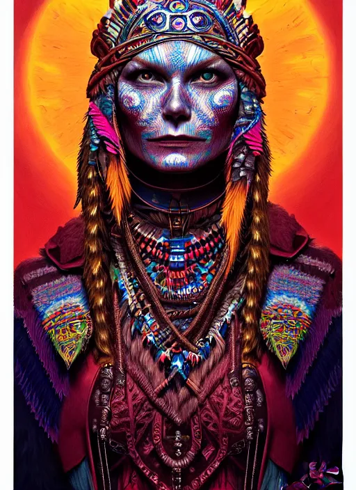 Image similar to portrait of kirsten dunst, hyper detailed ultra sharp aztec shaman warrior. trending on artstation, warpaint aesthetic, bloodwave, colorful, psychedelic, ornate, intricate, digital painting, concept art, smooth, sharp focus, illustration, art by artgerm and greg rutkowski and h. r. giger, 8 k