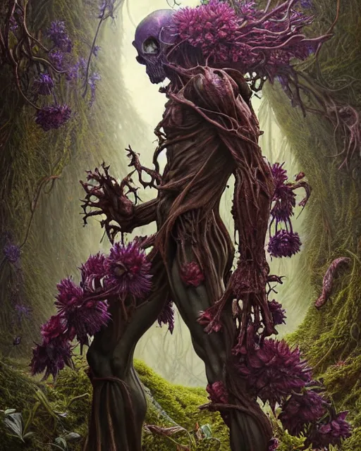 Image similar to the platonic ideal of flowers, rotting, moss, insects and praying of cletus kasady ultimate carnage thanos dementor chtulu nazgul davinci, detailed, intricate, hyperrealism, intense, scary, decay, dmt, art by brock hofer and artgerm and greg rutkowski and alphonse mucha