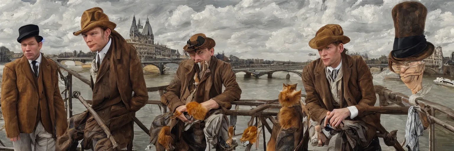 Image similar to high quality high detail painting by lucian freud, ewan mcgregor is standing by the river seine on a bridge in the morning. he is wearing a gentleman ´ s outfit with a bowler hat. next to him at his feet is lying a brown cat. ewan mcgregor is painting a canvas that is put on an easel. morning light, 4 k