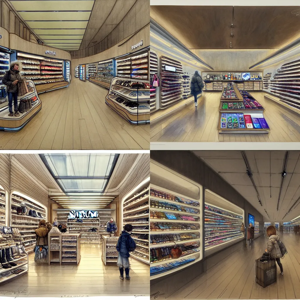 Prompt: (((2030s flagship retail interior Samsung Microsoft Apple))) by Jean-Baptiste Monge