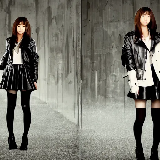 Image similar to a dynamic, epic cinematic 8K HD movie shot of a japanese young J-Pop idol girl wearing leather jacket, miniskirt, nylon tights and high heels boots. Motion, VFX, Inspirational arthouse