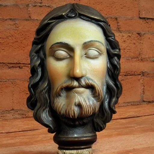 Image similar to holy roman chalkware Jesus bust antique painted sacred Catholic pearlescent coloring