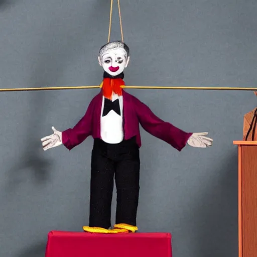 Image similar to puppet show of a string marionette of a president with clown makeup in a podium