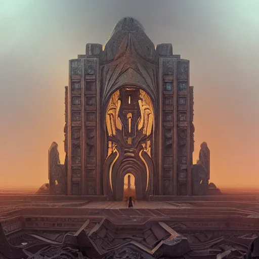 Image similar to sci - fi concrete alien eldritch demonic baroque rococo gothic architecture in hell, babylonian, ziggurat, zaha hadid, beksinski, wayne barlowe, oil painting, photoreal, highly detailed, 8 k, hd, vray, artstation, cinematic matte painting, extreme detail photo quality, sunset, featured on behance