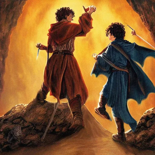 Prompt: Frodo and Harry Potter fight over the one ring at the doorway to mount-doom, painting