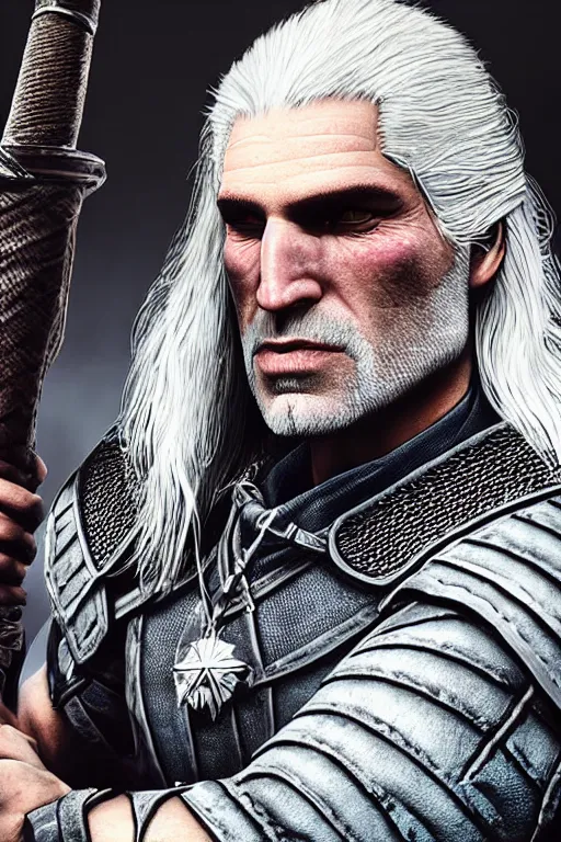 Image similar to portrait of geralt of rivia, 5 5 mm lens, professional photograph, times magazine, serious, stern look