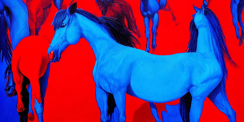 Image similar to blue ney motogrosso in love with a red stallion, too many hands in all directions, too many teeth, too many eyes, in hoc signo vinces, waterfall, in the style of gottfried helnwein, high contrast chiaroscuro, intricate composition, blue light, insanely quality, highly detailed, masterpiece, red light, artstation