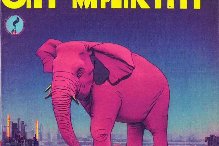 Image similar to 1979 OMNI Magazine Cover of a pink elephant. in cyberpunk style by Vincent Di Fate