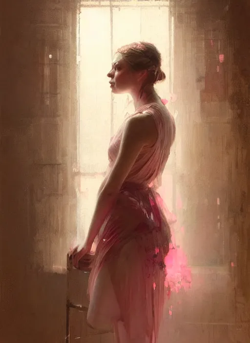 Prompt: indoor portrait of a beautiful girl, shades of pink, beautiful face, rule of thirds, intricate outfit, spotlight, by greg rutkowski, by jeremy mann, digital painting