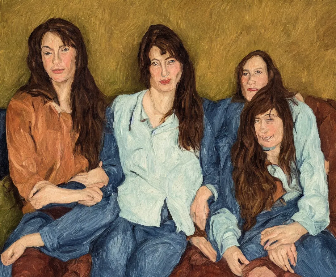 Image similar to portrait of pretty bella and esther with brown hair lying horizontal next to each other, in an old english apartment on a brown leather sofa. one is wearing a dark blue sweather, the other a white shirt. close up. in the style of lucien freud. oil painting. green light. thick colorful brush strokes. smiling