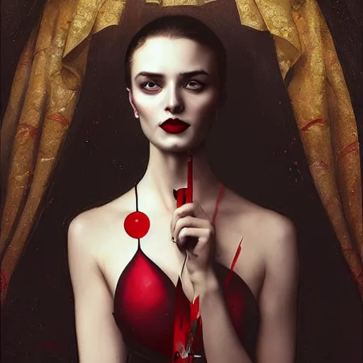 Image similar to “ daria strokous as femme fatale vampire, smiling, with blood red lips, holding knife on her victim ’ s throat intricate, elegant, highly detailed, digital painting, artstation, concept art, smooth, sharp focus uhd 8 k, art by artgerm and greg rutkowski and alphonse mucha ”